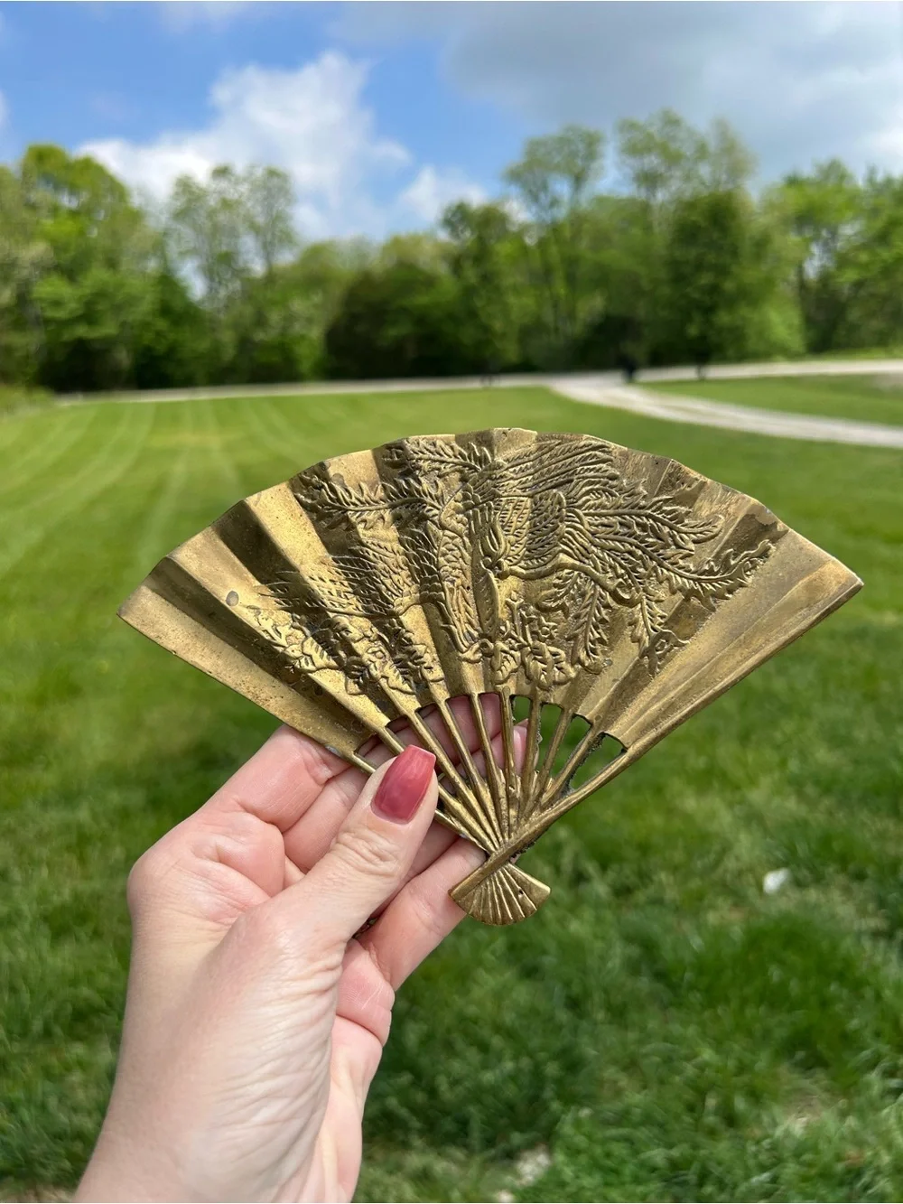 Vintage Solid Brass Oriental Hand Fan Raised Phoenix Dragon Patina
